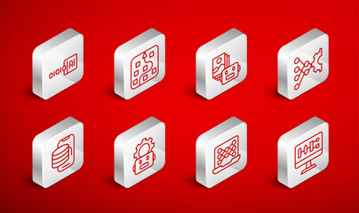 Set line Algorithm, Neural network, Artificial intelligence robot, Binary code, Robot setting and Cloud technology data transfer icon. Vector