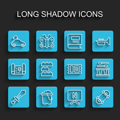 Set line Sword toy, Sand in bucket, Radio controlled car, Smart Tv, Skateboard, Toy building block bricks, Drum with drum sticks and Circus ticket icon. Vector