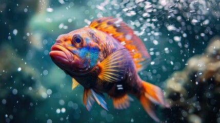 Underwater view of a colorful fish creating a splash.