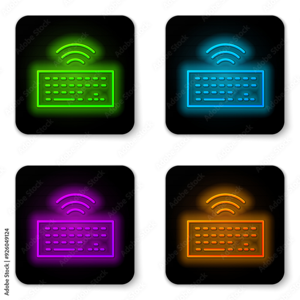 Poster glowing neon line wireless computer keyboard icon isolated on white background. pc component sign. i