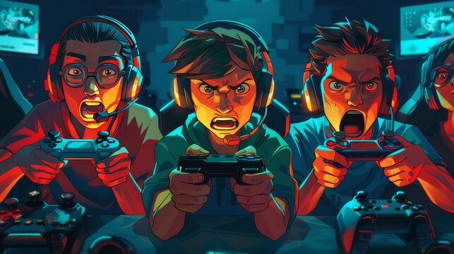 Cartoon Vector friends wearing headsets and holding controllers, focused on an intense gaming match