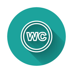 White line Toilet icon isolated with long shadow background. WC sign. Washroom. Green circle button. Vector