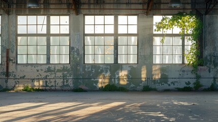 Warehouse wall with large windows.