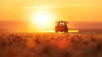 Tractor Spraying Field at Sunset