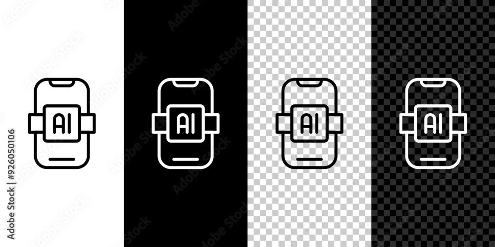 Poster set line artificial intelligence ai icon isolated on black and white, transparent background. machin