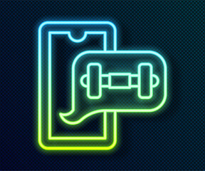 Glowing neon line Fitness app for sports icon isolated on black background. Healthcare mobile app concept. Online fitness or mobile trainer. Vector