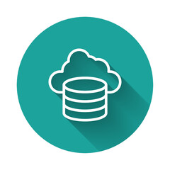 White line Cloud database icon isolated with long shadow background. Cloud computing concept. Digital service or app with data transferring. Green circle button. Vector