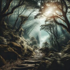 Mystical Forest Path with Sunlight Breaking Through Canopy