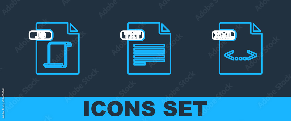 Poster set line xml file document, js and txt icon. vector