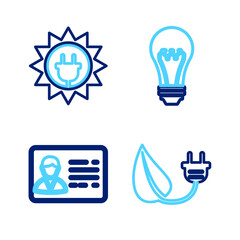 Set line Electric saving plug in leaf, Identification badge, Light bulb and Solar energy panel icon. Vector