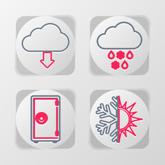 Set line Sun and snowflake, Safe, Cloud with rain and download icon. Vector