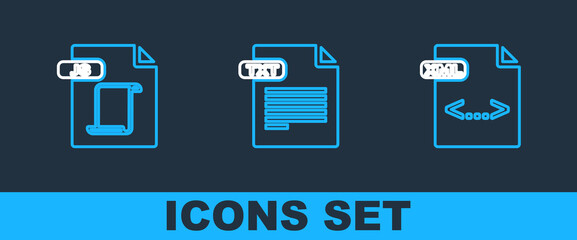 Set line XML file document, JS and TXT icon. Vector