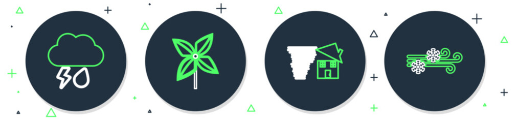 Set line Pinwheel, Tornado swirl, Cloud with rain and lightning and Wind snow icon. Vector