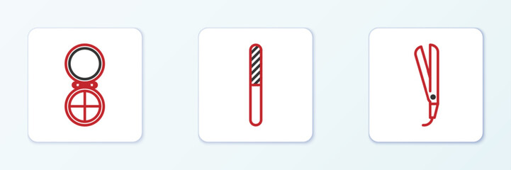 Obraz premium Set line Curling iron, Makeup powder with mirror and Nail file icon. Vector