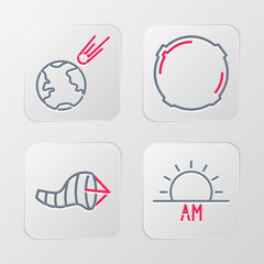 Set line Sunrise, Cone meteorology windsock wind vane, Moon and Comet falling down fast icon. Vector
