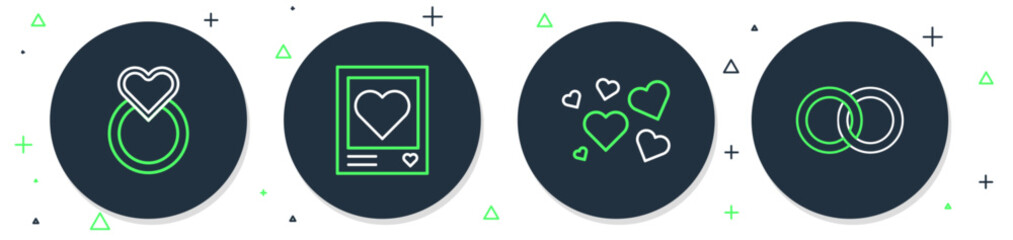 Set line Photo frames and hearts, Heart, Wedding rings and icon. Vector