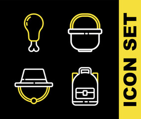 Set line Camping pot, Hiking backpack, hat and Chicken leg icon. Vector