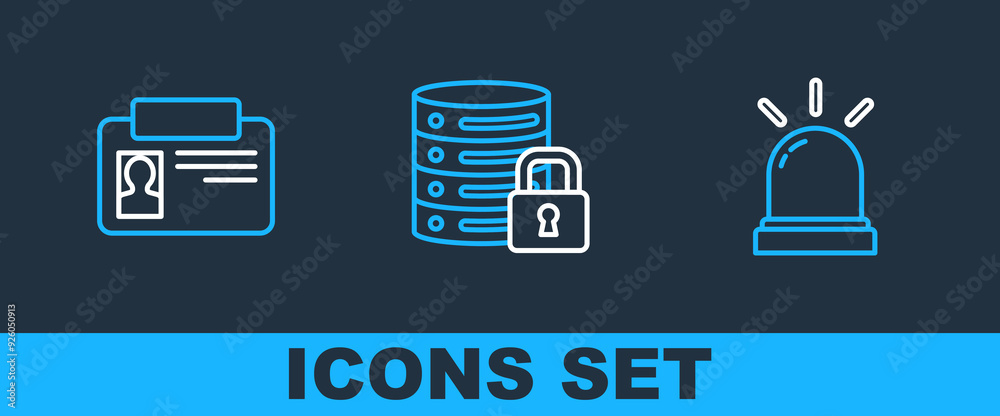 Poster set line motion sensor, identification badge and server security with lock icon. vector