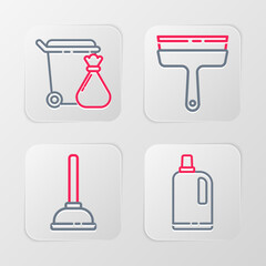 Set line Fabric softener, Rubber plunger, cleaner for windows and Trash can and garbage bag icon. Vector