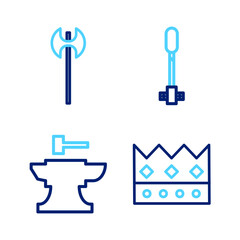 Set line King crown, Anvil for blacksmithing hammer, Torch flame and Medieval axe icon. Vector