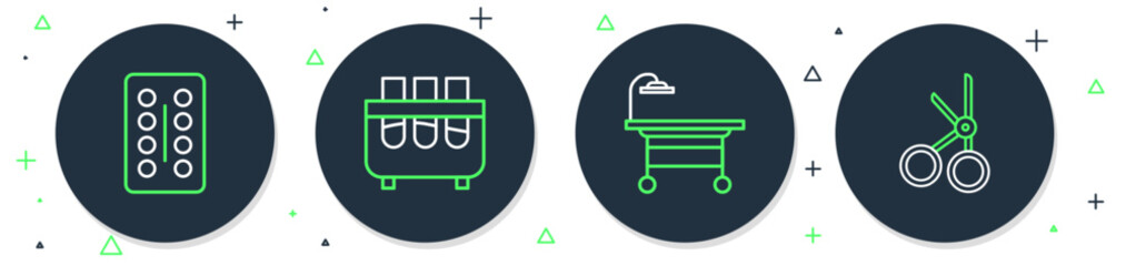 Set line Test tube and flask, Operating table, Pills blister pack and Medical scissors icon. Vector