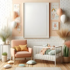 Modern Nursery Interior with White Crib and Peach Armchair
