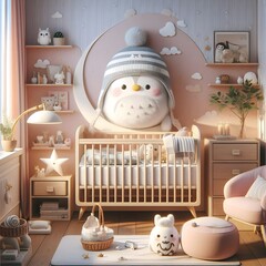 Cozy Nursery with Penguin Plush Toy and Crib