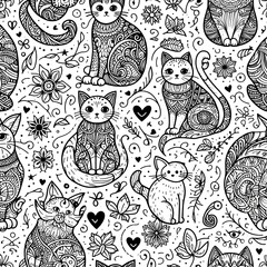 Seamless Pattern with Cats and Floral Elements in Zentangle Style