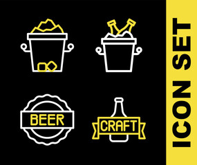 Set line Beer bottles in ice bucket, Bottle cap with beer and Ice icon. Vector