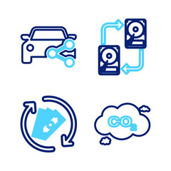 Set line CO2 emissions in cloud, Refund money, Data exchange with hhd and Car sharing icon. Vector