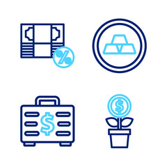 Set line Dollar plant, Briefcase and money, Gold bars and Money percent icon. Vector