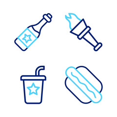 Set line Hotdog sandwich, Paper glass with straw, Torch flame and Champagne bottle icon. Vector
