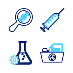 Set line Health record folder, Bioengineering, Syringe and DNA research, search icon. Vector
