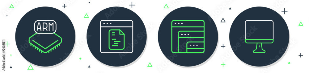 Poster set line software, processor and computer monitor screen icon. vector