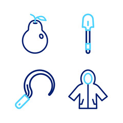 Set line Raincoat, Sickle, Shovel and Pear icon. Vector