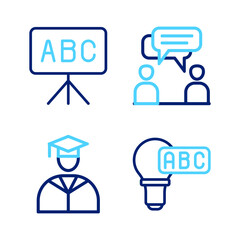 Set line Creative lamp light idea, Graduate and graduation cap, Two sitting men talking and Chalkboard icon. Vector