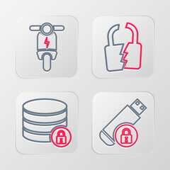 Set line USB flash drive with lock, Server security, Broken or cracked and Electric scooter icon. Vector