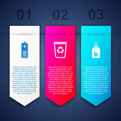 Set Battery charge level indicator, Recycle bin with recycle and Tag leaf. Business infographic template. Vector