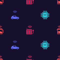 Set Processor with microcircuits CPU, Smart car system wireless, heating radiator and electric kettle on seamless pattern. Vector