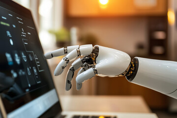 Robotic Hand Interacting with Laptop Screen, Advanced AI and Machine Learning Technology