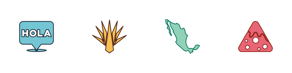 Set Hola, Agave, Map of mexican and Nachos icon. Vector