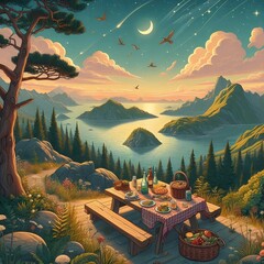 Picnic by the Sea with a View of the Mountains and Stars
