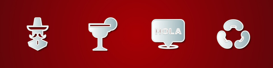 Set Mexican man sombrero, Margarita cocktail, Hola and Beans icon. Vector © vector_v