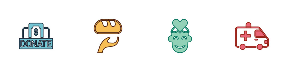 Set Donation and charity, food, Volunteer and Ambulance car icon. Vector
