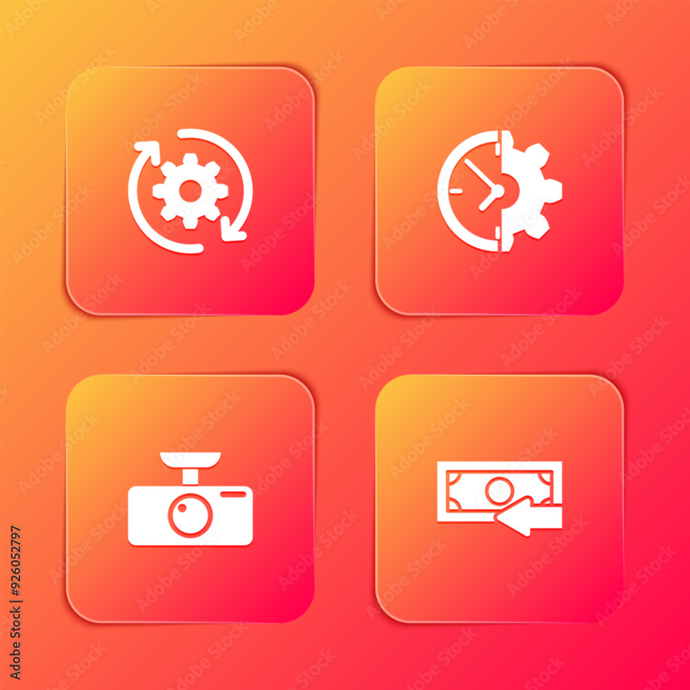 Sticker Set Gear and arrows as workflow, Clock gear, Car DVR and Cash back icon. Vector