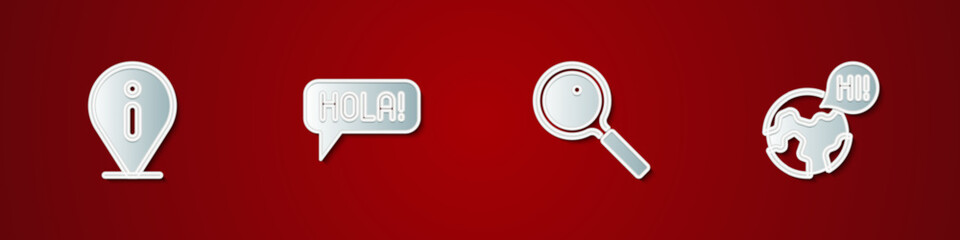 Set Information, Hola in different languages, Magnifying glass and Learning foreign icon. Vector © vector_v