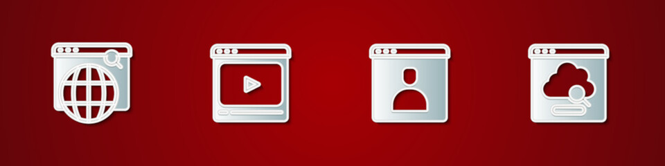 Set Search engine, Online play video, Create account screen and Cloud technology data transfer icon. Vector