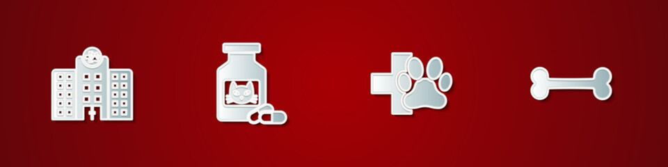 Set Veterinary medicine hospital, Cat bottle and pills, clinic and Dog bone icon. Vector