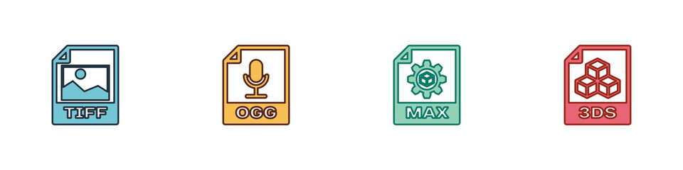 Set TIFF file document, OGG, MAX and 3DS icon. Vector