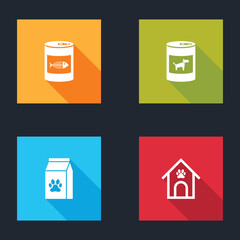 Set Canned food for cat, dog, Bag of pet and Dog house and paw print icon. Vector